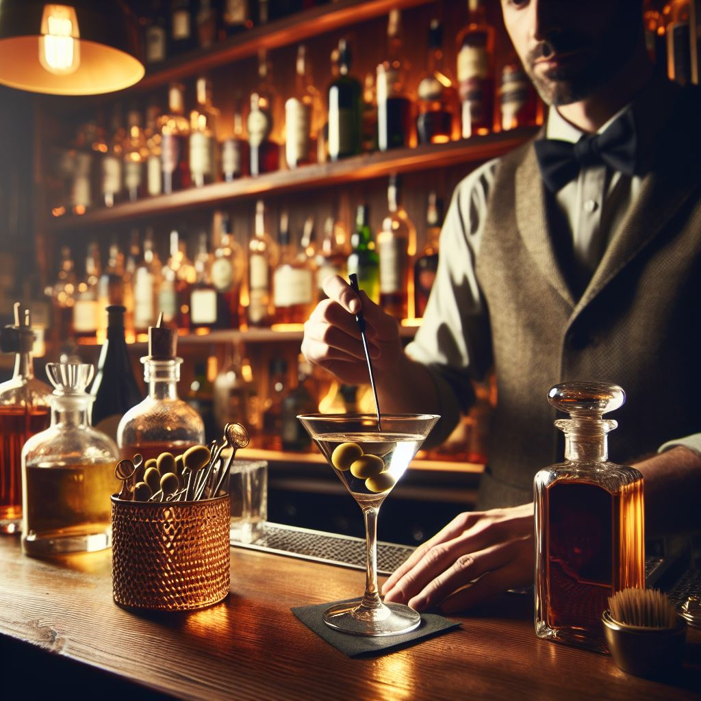 A bar, a barmen, and a martini