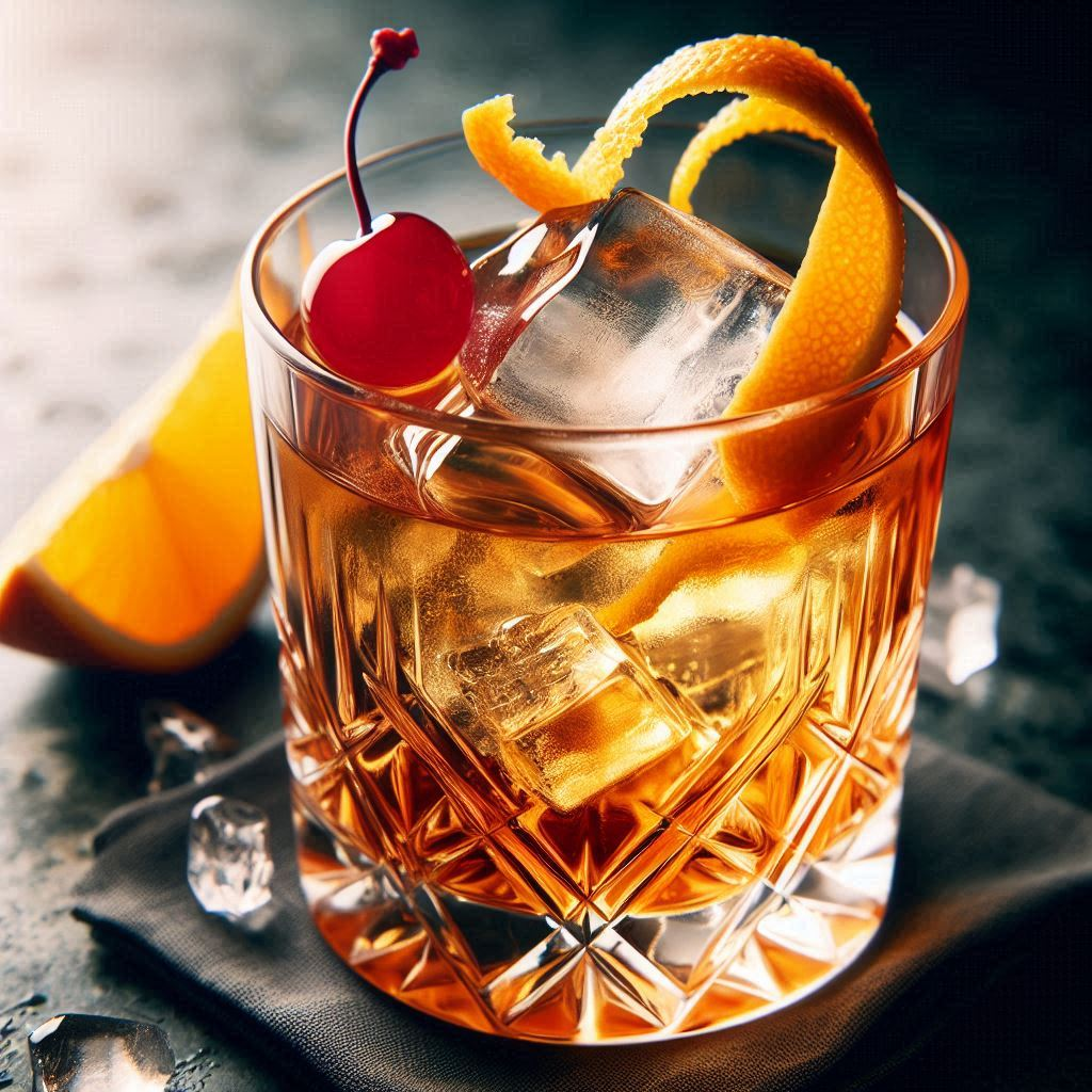 old fashioned with clear ice cubes and garnished with orange peel and a maraschino cherry