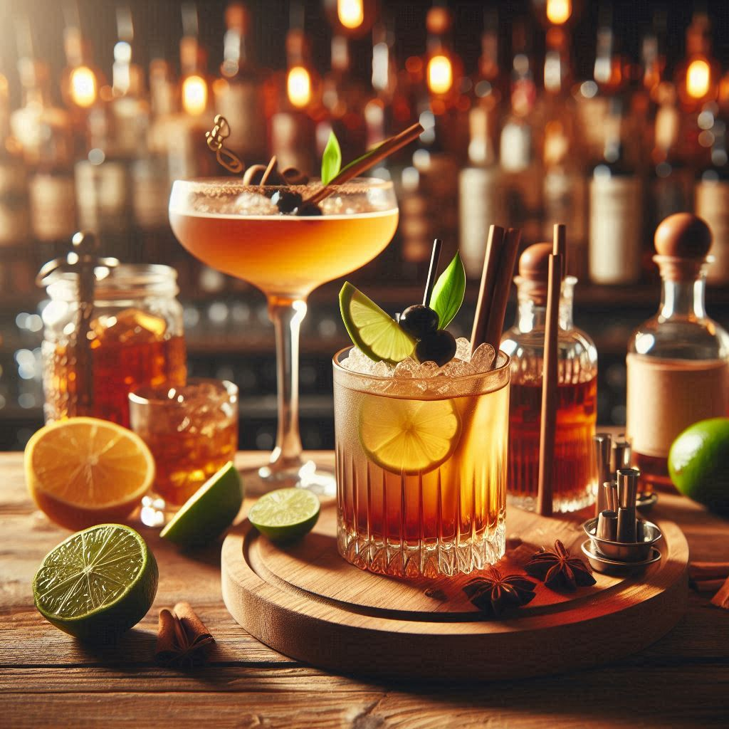 several rum based cocktails on a bar