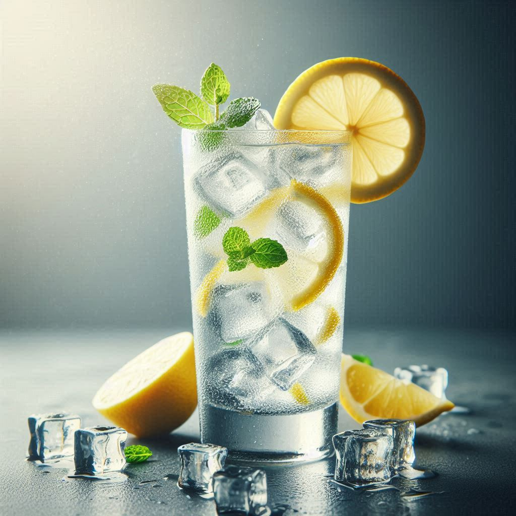 vodka collins garnished with mint leaves and lemon slice